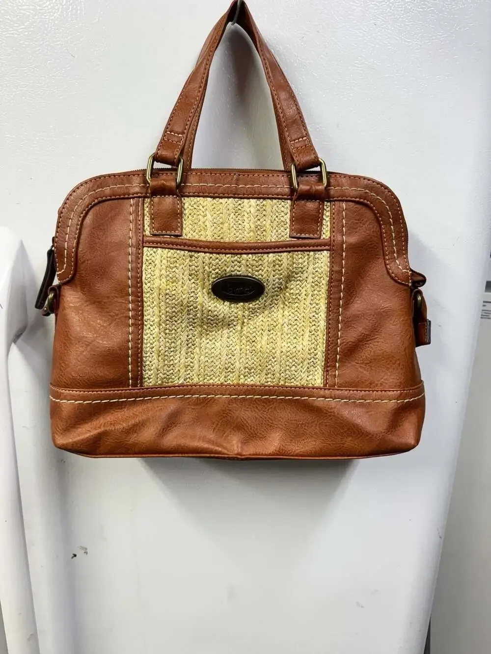 b.o.c. Brown Faux Leather and Straw-Texture Satchel Handbag